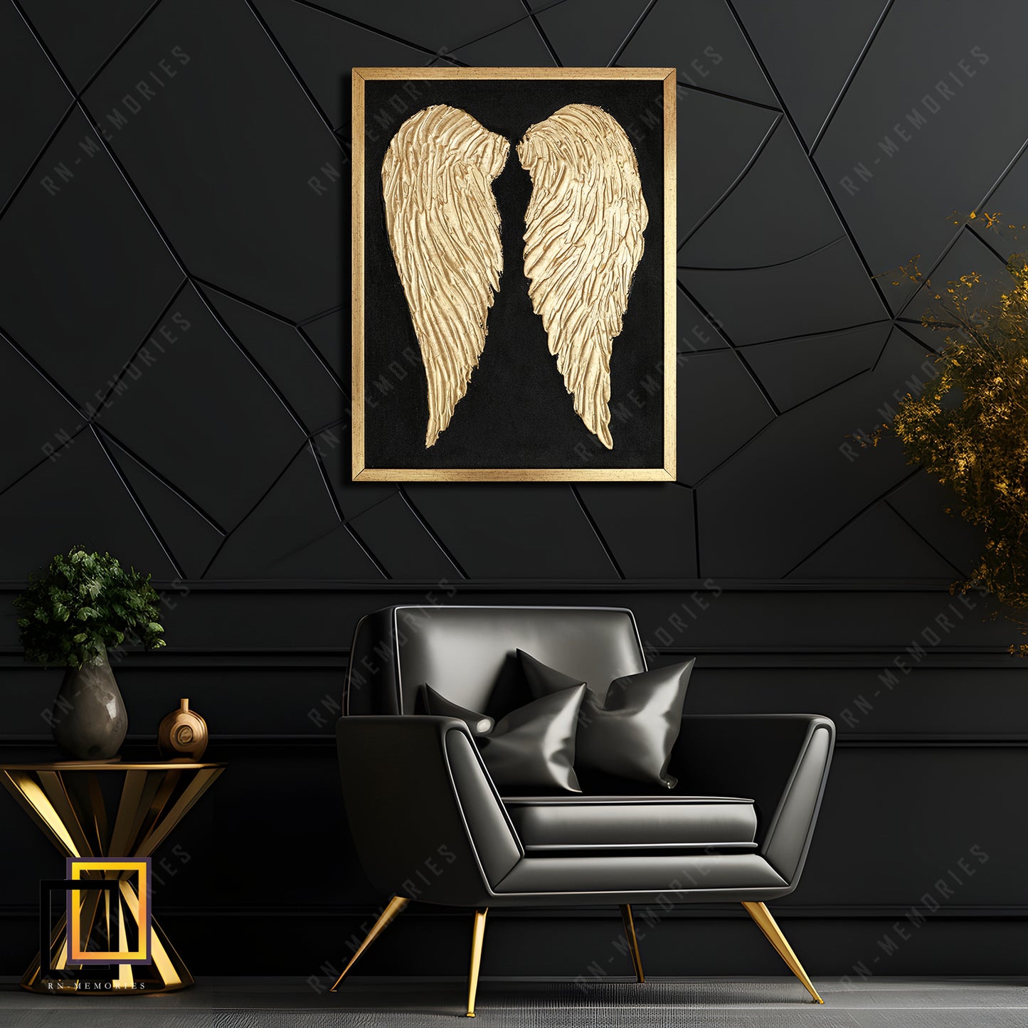 Abstract Golden Angel Wings Canvas Painting