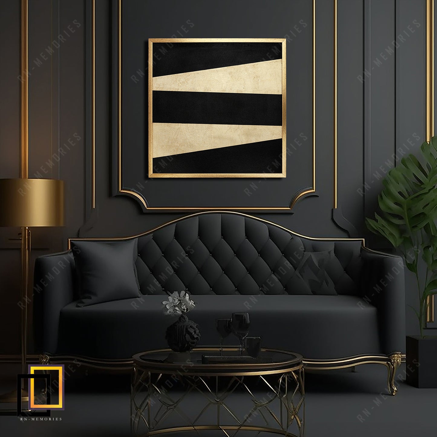 Luxury Abstract Geometric Gold and Black Canvas Painting