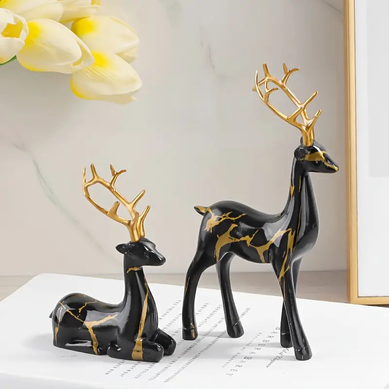 2pcs Black Golden Deer Sculpture Decoration