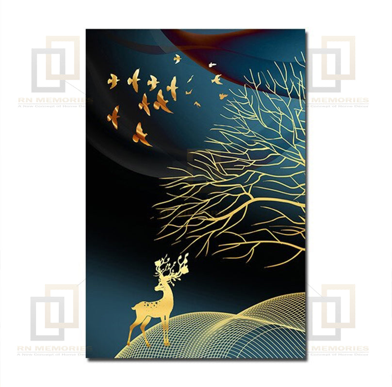 Golden Abstract Deer Tree Art Framed Digital Prints