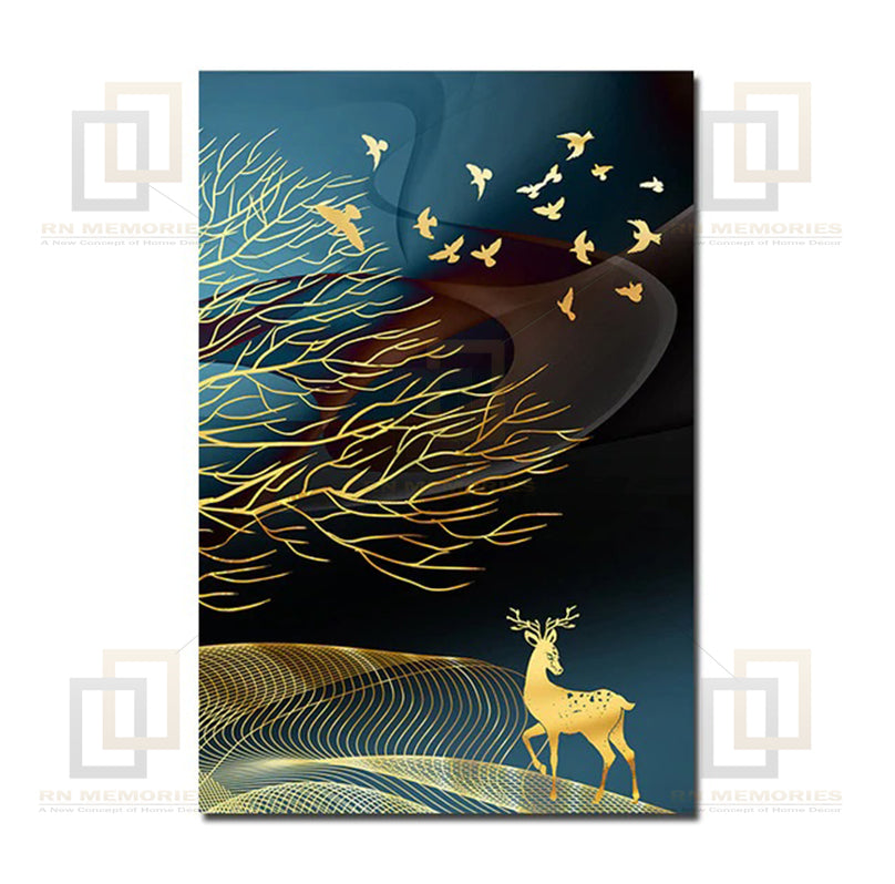 Golden Abstract Deer Tree Art Framed Digital Prints