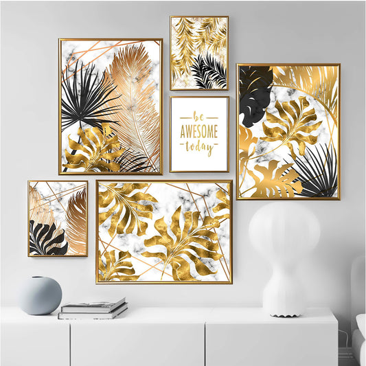 Golden-Black- Monstera Leaves Framed Digital Prints