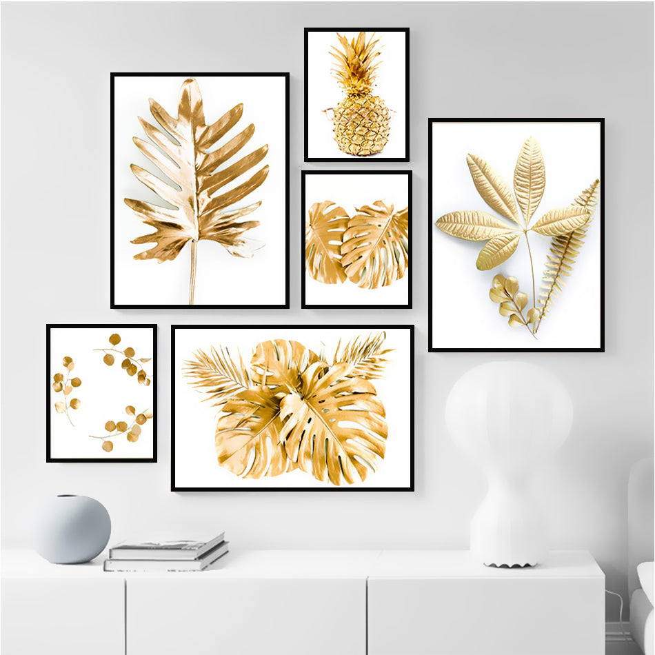 Abstract Golden Monstera Leaves Framed Wall Art