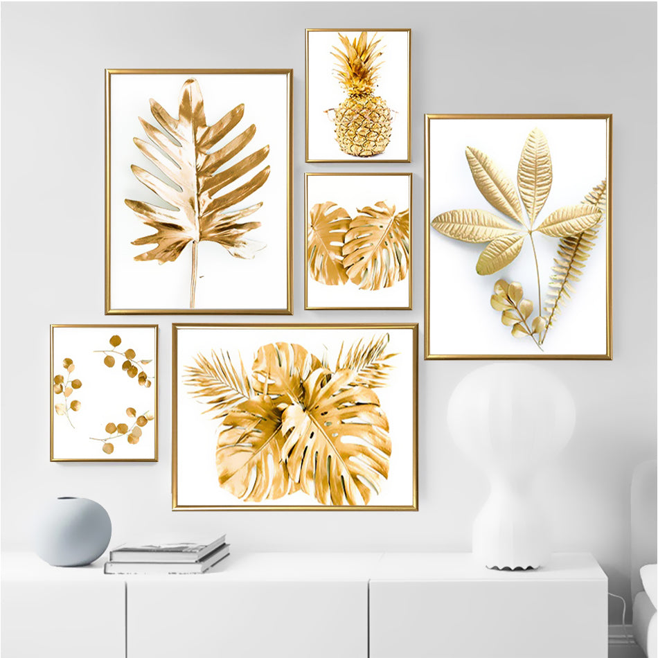 Abstract Golden Monstera Leaves Framed Wall Art