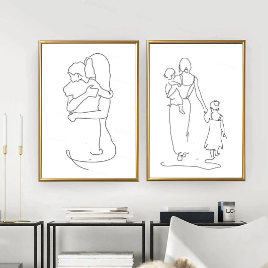 Minimalist Mother and Children Line Drawing Art Framed Posters
