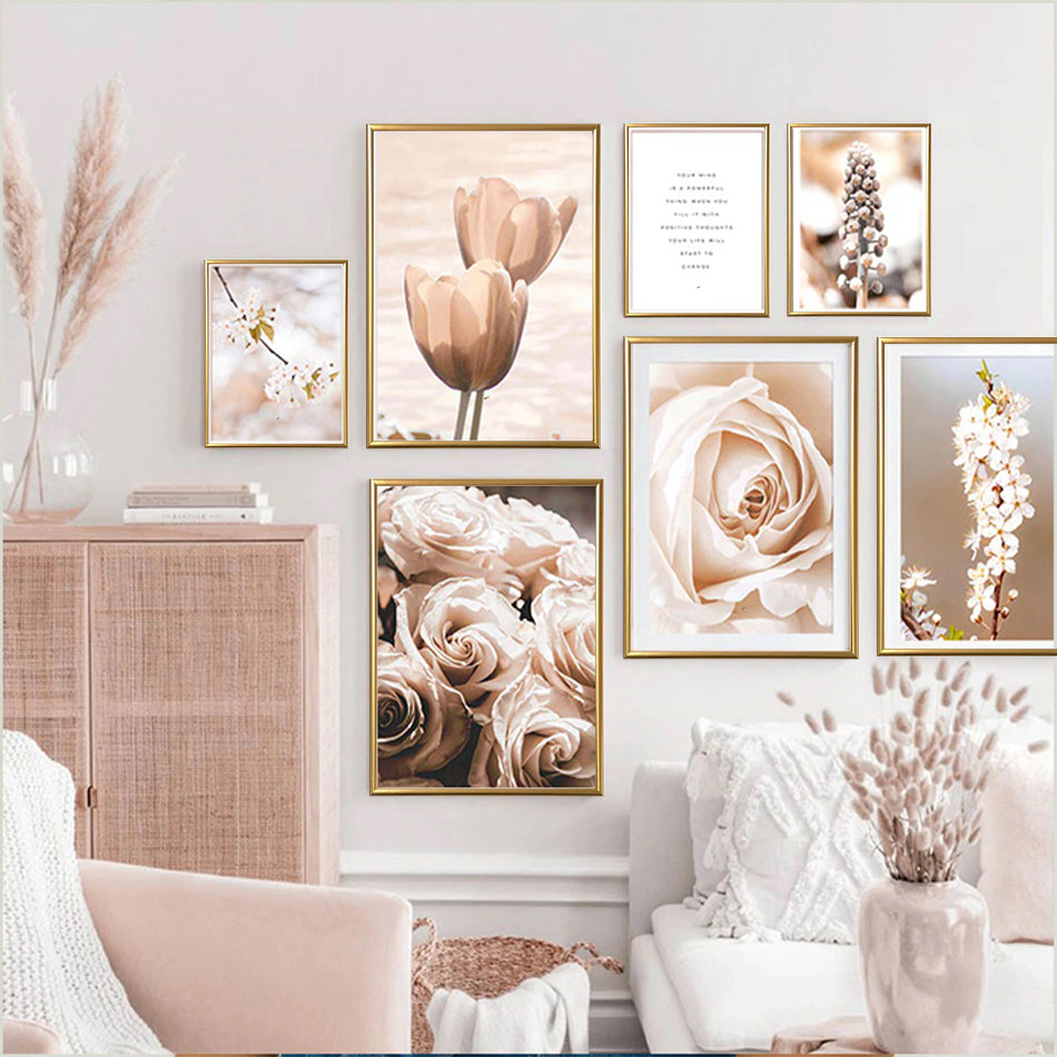 Nordic Beige Flowers Wall Art framed Prints