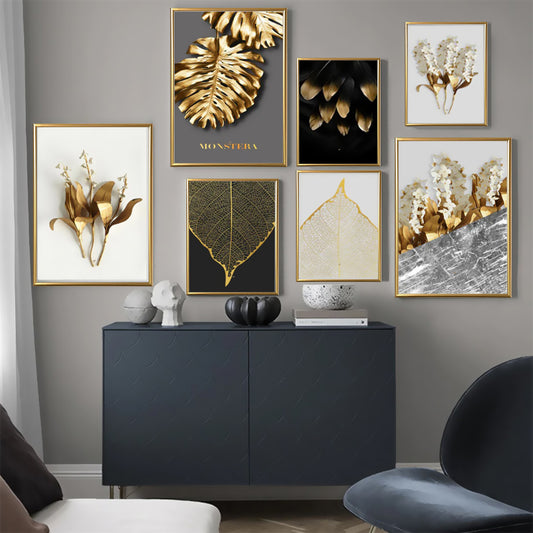 Abstract Golden Monstera Leaves Wall Art