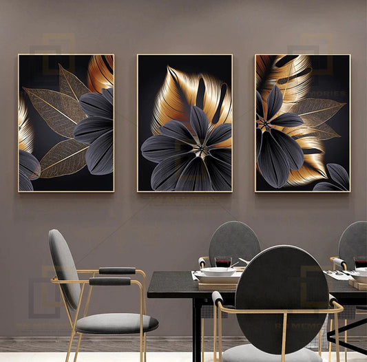 Black Golden Plant Leaf Framed Digital Prints