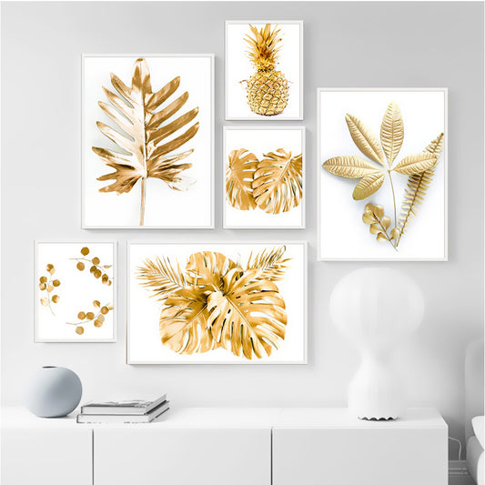 Abstract Golden Monstera Leaves Framed Wall Art