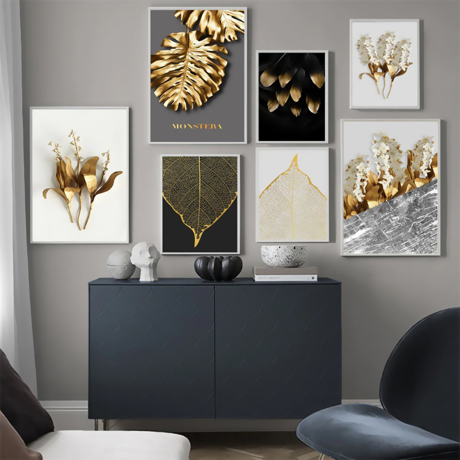 Abstract Golden Monstera Leaves Wall Art