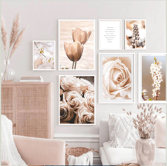 Nordic Beige Flowers Wall Art framed Prints